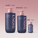 Three UNOVE shampoo bottles in different sizes on a pink background