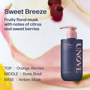 UNOVE shampoo bottle with fragrance description on a floral background