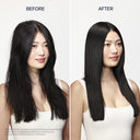 Before and after comparison of a woman's hair with a hair care product.