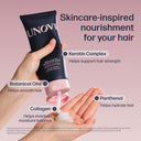 Hand holding a UNOVITM hair mask tube with product features highlighted on a pink background