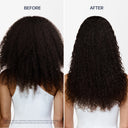 Before and after comparison of hair with a hair product on a white background