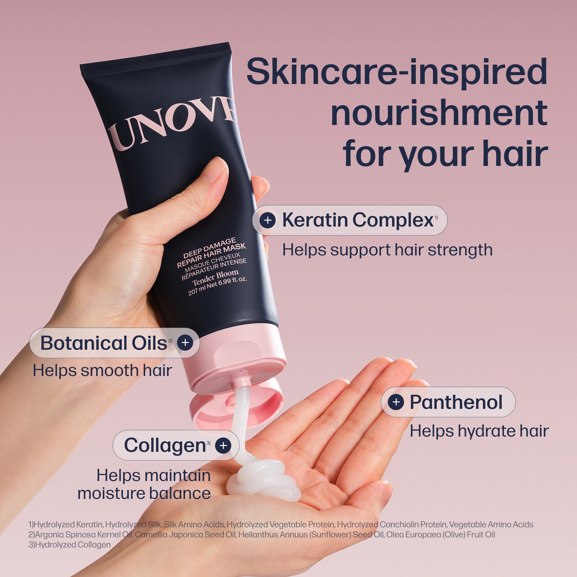 Keratin complex, botanical oils, collagen, panthenol