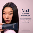 Woman holding a Unovv hair mask with text about it being a No.1 Korean hair mask.