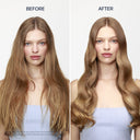 Before and after comparison of a woman's hair with styling product application.