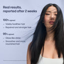 Woman with long, healthy hair against a light blue background with text about hair improvement results.