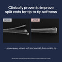 Before and after comparison of hair split ends with text on a dark blue background