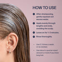Close-up of a person with wet hair and instructions on how to use a product, with a pink background.