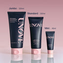 Three UNOVE hair mask tubes in different sizes on a pink background