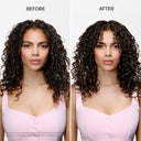Before and after comparison of a woman with curly hair, showing a product's effect.