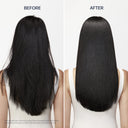 Before and after comparison of hair treatment on a person with long, straight black hair.
