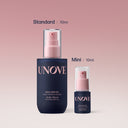UNOVE silk hair oil bottles, one standard 70ml and one mini 10ml, on a pink background.