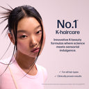 Woman with hair strands around her face, promotional text for K-haircare on a pink background