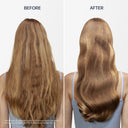 Before and after comparison of hair treatment showing straightened hair.