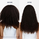 Before and after comparison of hair treatment on a person with curly hair.