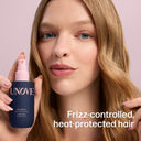 Woman holding a UNOVE hair product with text about frizz-controlled, heat-protected hair on a pink background
