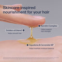 Illustration of a finger applying a golden oil blend to hair with text about skincare-inspired nourishment for hair.
