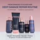 UNOVE hair care products with a pink background and text about deep damage repair routine.