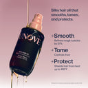 UNOVE hair oil bottle with text highlighting its benefits on a pink background