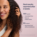 Woman with curly hair touching her hair, with text about hair product results.