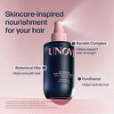 UNOVIE hair care product with text highlighting ingredients on a pink background