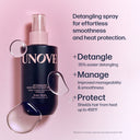 UNOVE detangling spray bottle with product features on a pink background