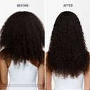 Before and after comparison of hair treatment on a person with curly hair.