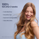 Woman with long, wavy hair against a light blue background with text about hair product benefits.