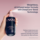 Hand holding a UNOVE hair care product with text about its formula and technology on a pink background