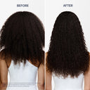 Before and after comparison of hair with a product on a white background