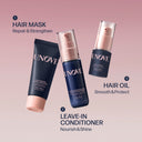 UNOVE hair care products including hair mask, leave-in conditioner, and hair oil on a pink background