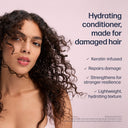Woman with curly hair and text about a hydrating conditioner for damaged hair.
