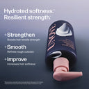 Shampoo bottle with text highlighting hair care benefits on a dark background