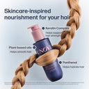 UNOVE hair care product with a braid and text highlighting benefits on a light blue background