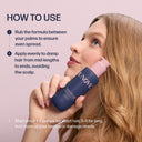 Woman holding a UNOVE hair care product with usage instructions on a pink background