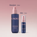 UNOVE hair care product set with standard 150ml and mini 30ml bottles on a pink background