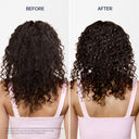 Before and after comparison of curly hair with product application.