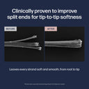 Before and after comparison of hair split ends with text on a dark blue background