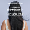Person with long black hair against a light blue background, text indicating product suitability for various hair types.
