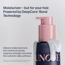 Hair moisturizer bottle with pink pump and dark label on a light gray background
