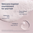 Skincare-inspired hair care product with text highlighting ingredients and benefits on a textured background.