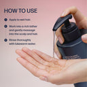 Shampoo bottle being poured into a hand with usage instructions on a pink background