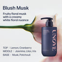 UNOVE shampoo bottle with floral design and product description text on a light background