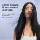 Woman with long black hair against a light blue background with text about shampoo benefits.