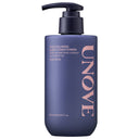 Blue conditioner bottle with pump labeled 'UNOVE' on a white background