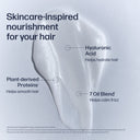 Skincare-inspired hair nourishment product with text highlighting ingredients on a light gray background