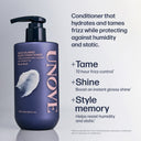 Unove conditioner bottle with product features on a gray background