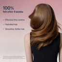 Woman with smooth, straight hair against a pink background with text about hair care product benefits.