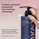 UNOVE frizz-calming sleek conditioner bottle with pump being held, on a pink background.