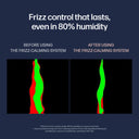 Comparison of frizz control before and after using the frizz-calming system on a hair texture diagram.