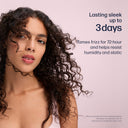 Woman with curly hair against a pink background with text about hair product benefits.